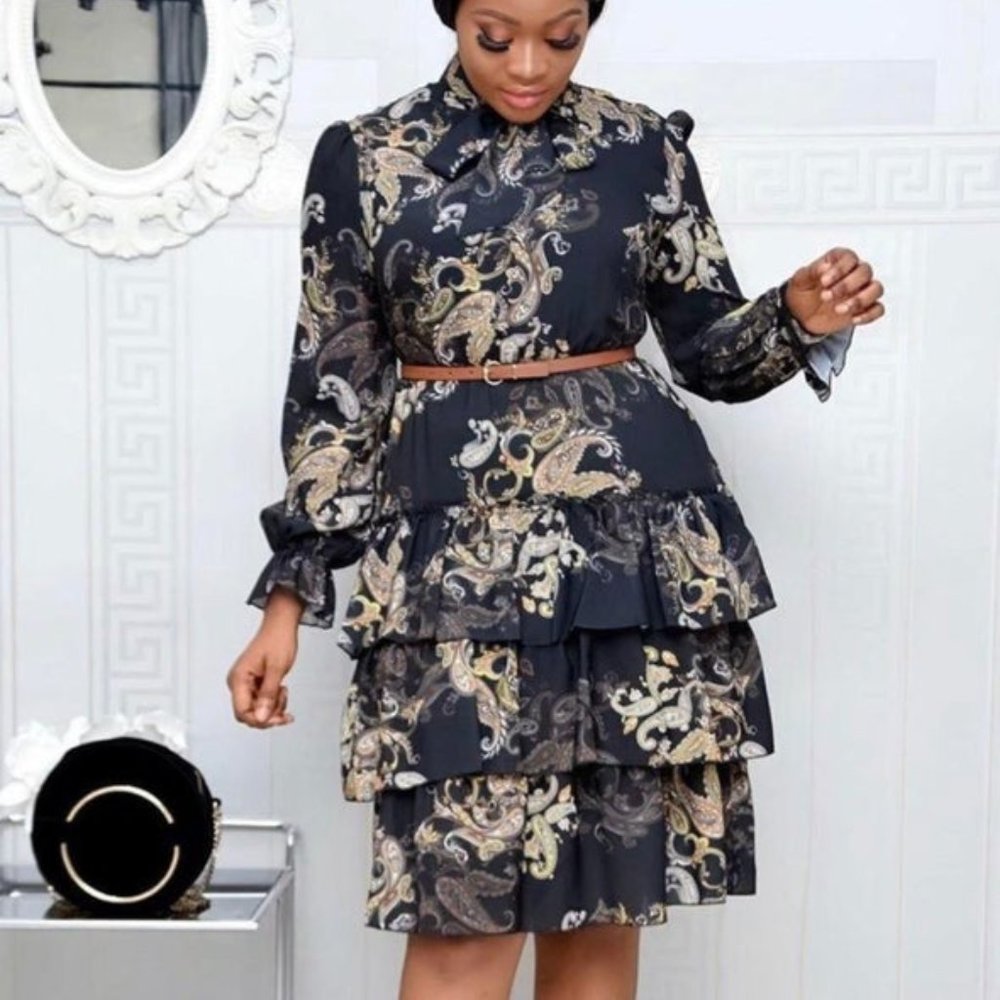Stylish Floral Printed Bowknot Midi Tiered Dress, Sizes Small - 3XLarge - BLACK